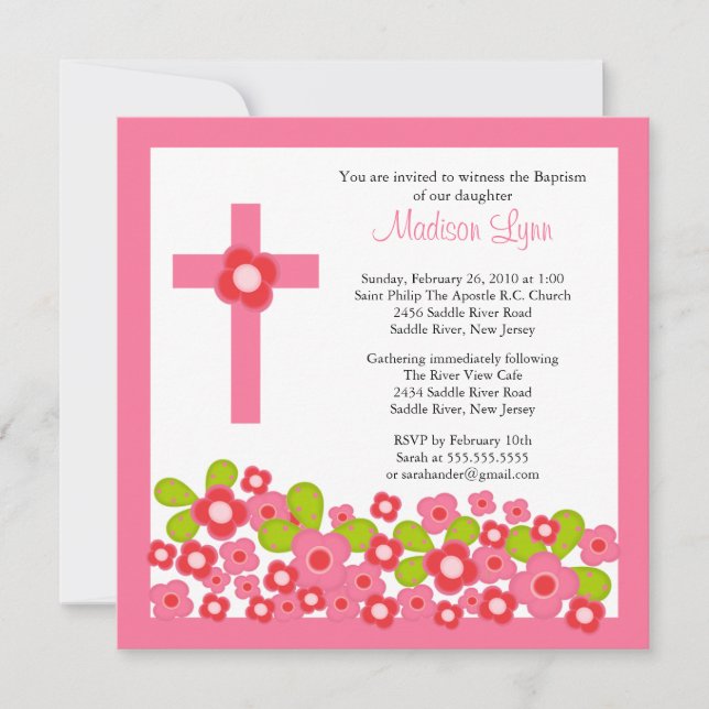 Pretty Pink Flowers & Cross Holy Baptism Invitation (Front)