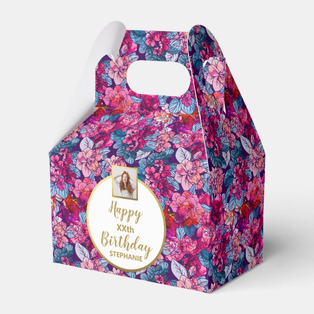 Pretty Pink Flowers, Custom Photo, Happy Birthday Favour Box (Front Side)