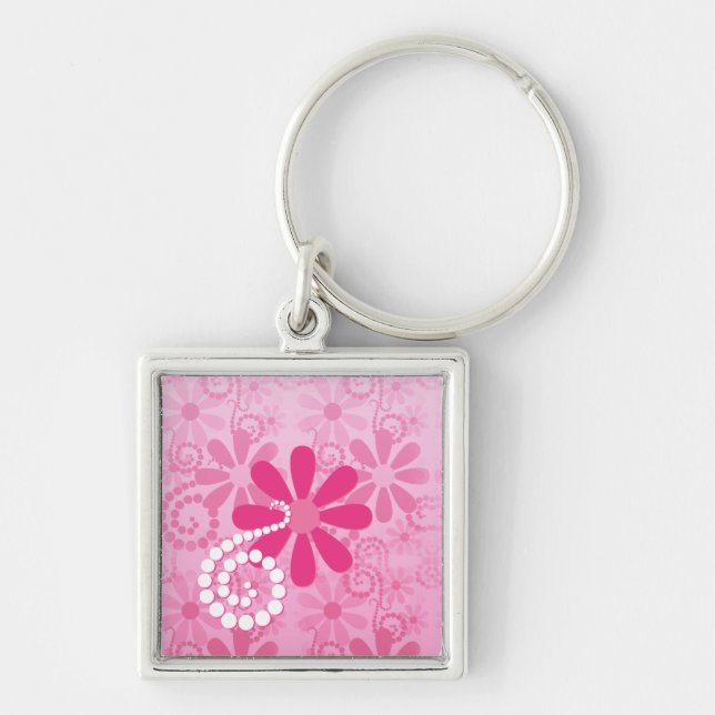 Pretty Pink Flowers Cute Retro Daisy Pattern Key Ring (Front)