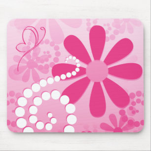 Pretty Pink Flowers Cute Retro Daisy Pattern Mouse Mat