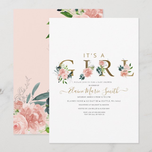Pretty Pink Flowers Floral Girl Baby Shower Invita Invitation (Front/Back)