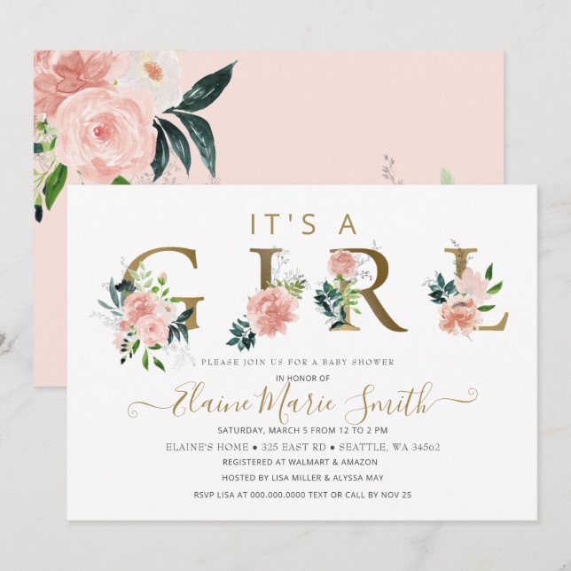 Pretty Pink Flowers Floral Girl Baby Shower Invitation (Front/Back)