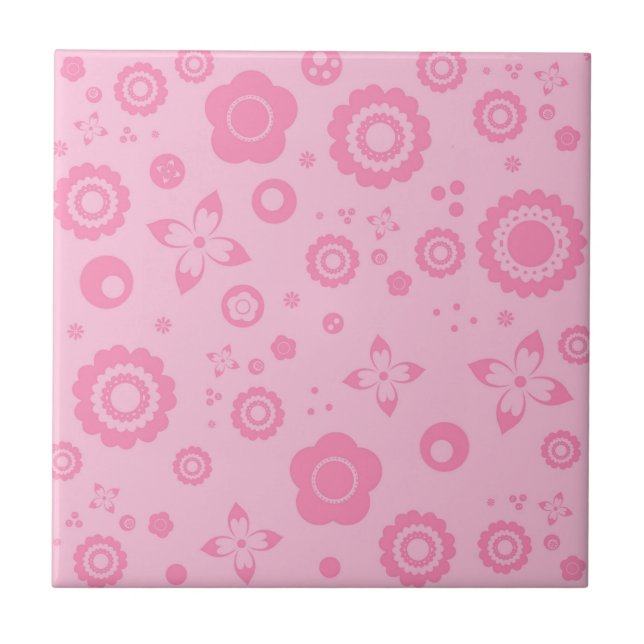Pretty Pink Flowers Girly Retro Floral Pattern Tile (Front)