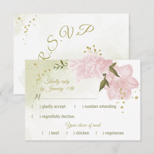pretty pink flowers green leaves botanical RSVP card (Front/Back)