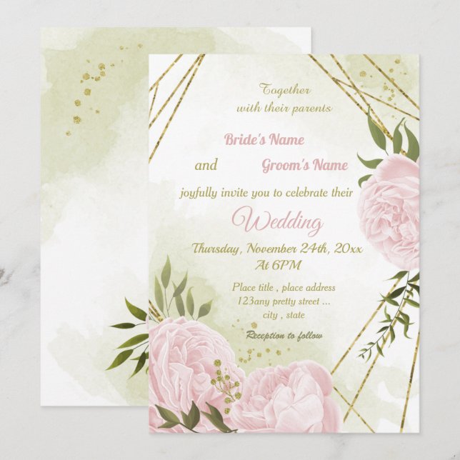 pretty pink flowers greenery geometric wedding invitation (Front/Back)