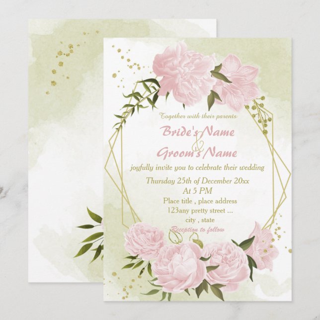pretty pink flowers greenery geometric wedding invitation (Front/Back)