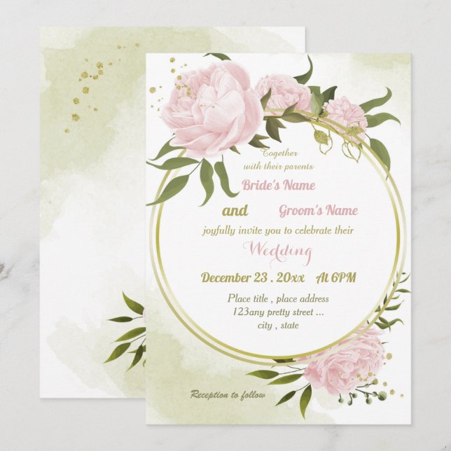 pretty pink flowers greenery geometric wedding invitation (Front/Back)