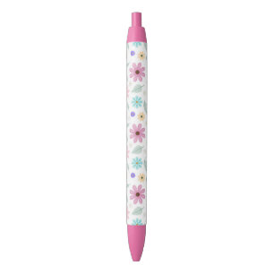 Pretty Pink Flowers Groovy Retro Design Black Ink Pen