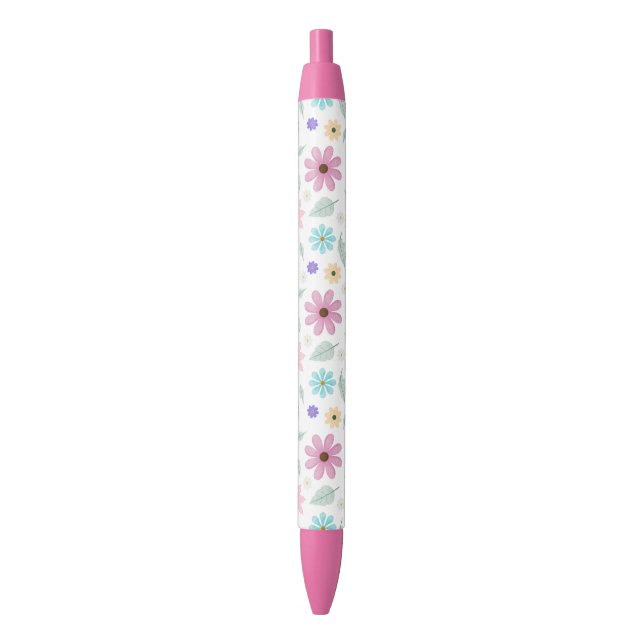 Pretty Pink Flowers Groovy Retro Design Black Ink Pen (Front Vertical)