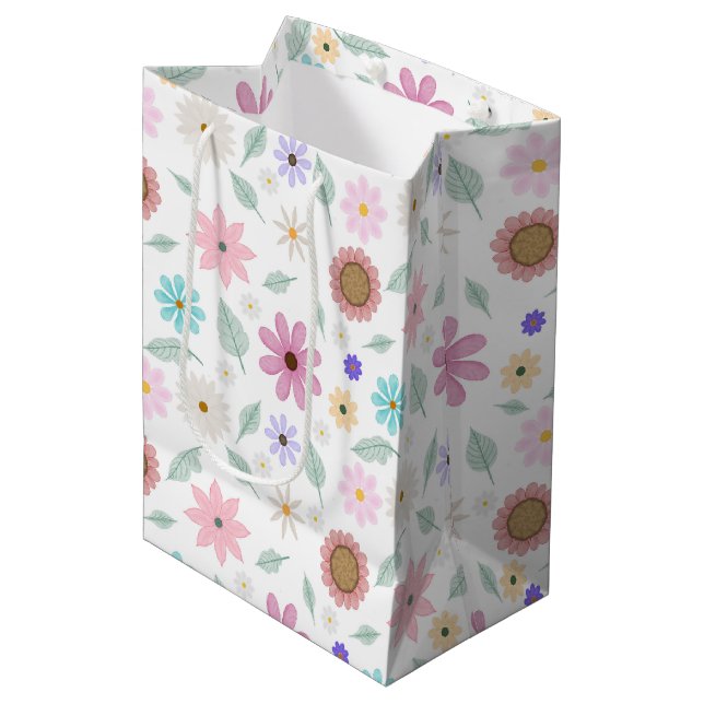 Pretty Pink Flowers Groovy Retro Design Medium Gift Bag (Front Angled)