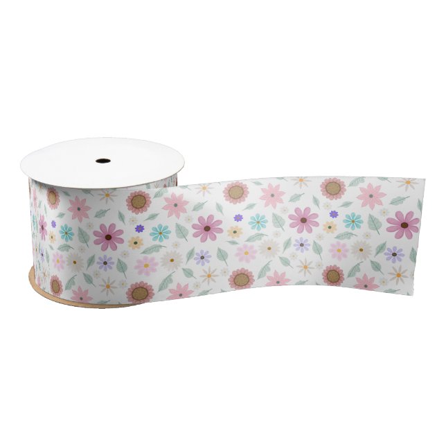 Pretty Pink Flowers Groovy Retro Design Satin Ribbon (Spool)