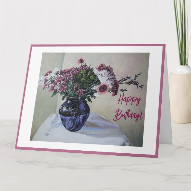 Pretty pink flowers Happy Birthday floral fine art Card (Front)