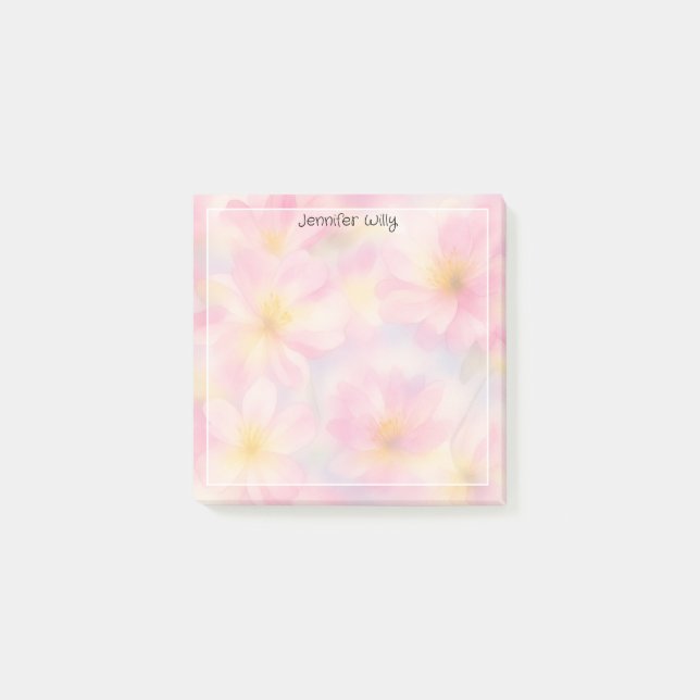 Pretty Pink Flowers Meadow Custom Name Feminine Post-it Notes (Front)