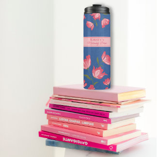 Pretty Pink Flowers on Blue Thermal Tumbler