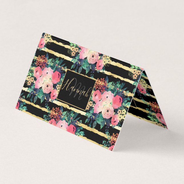 Pretty Pink Flowers Paint Gold Stripes Pattern Business Card (Front)
