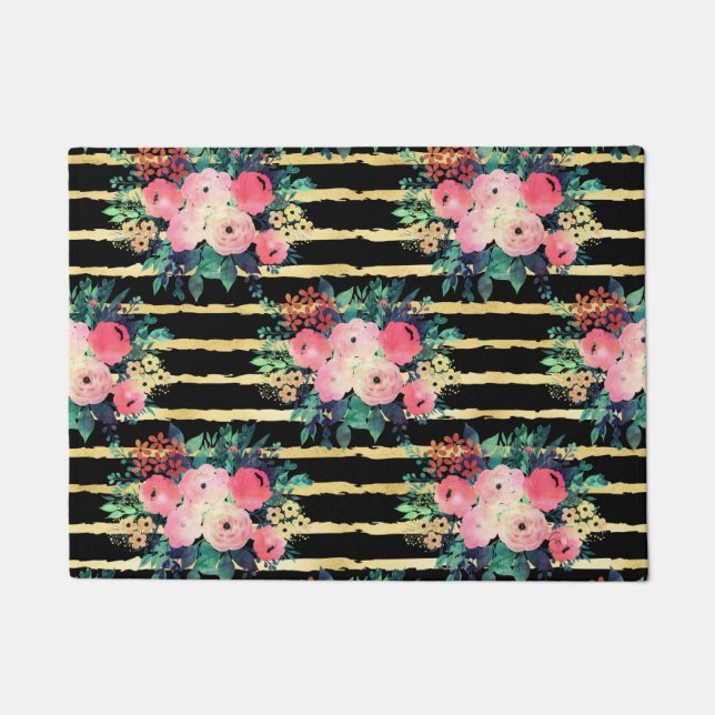 Pretty Pink Flowers Paint Gold Stripes Pattern Doormat (Front)