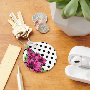 Pretty Pink Flowers Polka Dot Key Ring