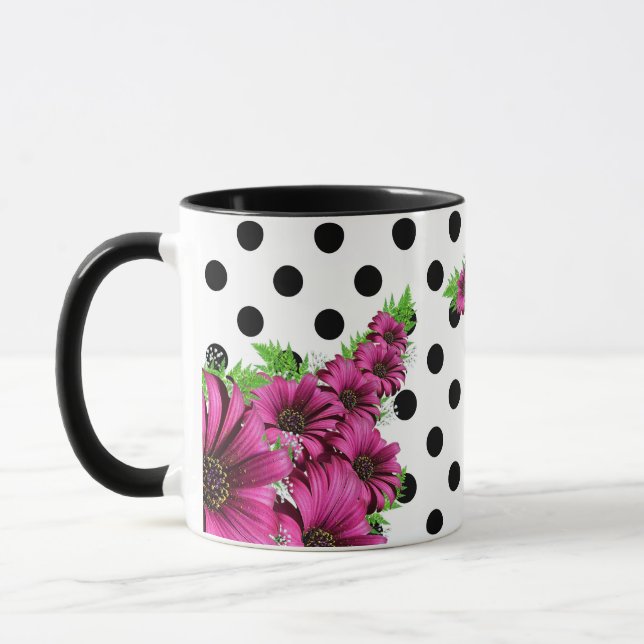 Pretty Pink Flowers Polka Dot Mug (Left)