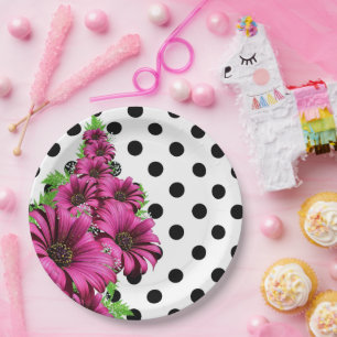Pretty Pink Flowers Polka Dot Paper Plate