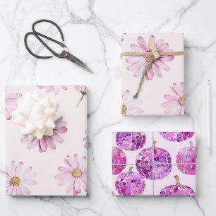 Pretty Pink Flowers Purple Pumpkins Birthday Wrapping Paper Sheet