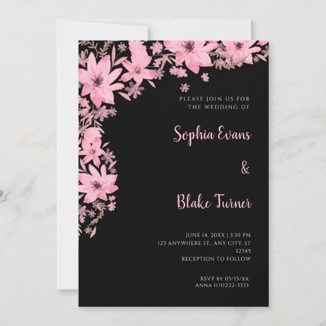 Pretty Pink Flowers Romantic Black Wedding Invitation (Front)