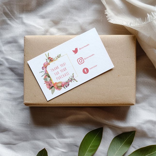 Pretty pink flowers Social Links Insert Card. (Floral thank you insert with social media icons, resting on a kraft-wrapped gift and neutral fabric)