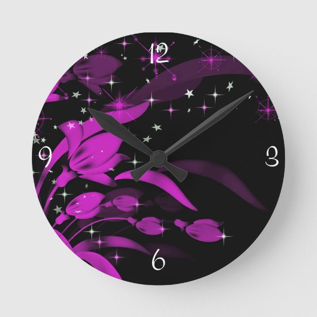 Pretty Pink Flowers Starbursts Sparkle Round Clock (Front)