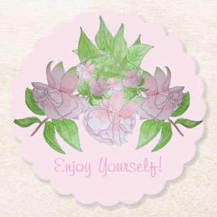 pretty pink flowers with leafs floral paper coaster