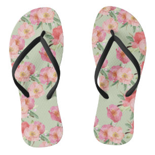 Pretty Pink Garden Flowers Watercolor Flip Flops