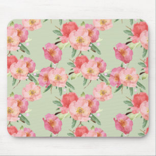 Pretty Pink Garden Flowers Watercolor Mouse Mat