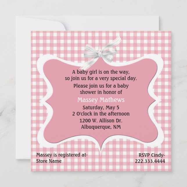 Pretty Pink Gingham Custom Baby Shower Invitation (Front)