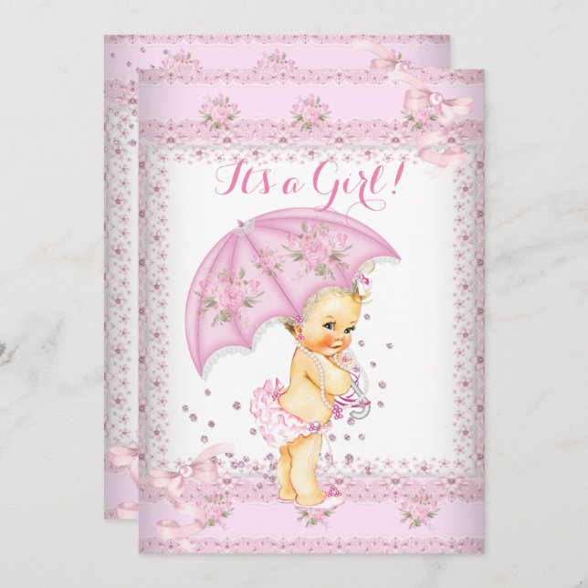 Pretty Pink Girl Baby Shower Floral Umbrella Blond Invitation (Front/Back)
