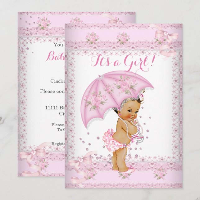 Pretty Pink Girl Baby Shower Floral Umbrella BR Invitation (Front/Back)