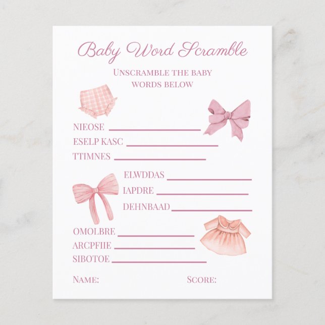 Pretty Pink Girl Baby Shower Word Scramble (Front)