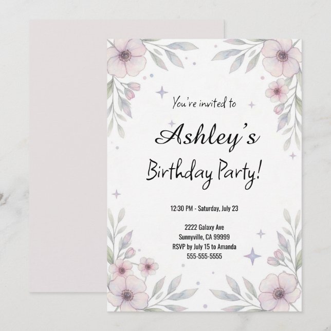 Pretty Pink Girl's Flower Birthday Party  Invitation (Front/Back)