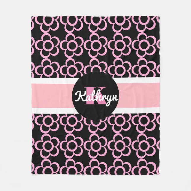 Pretty Pink & Girly w/Daisies & Personalisation Fleece Blanket (Front)