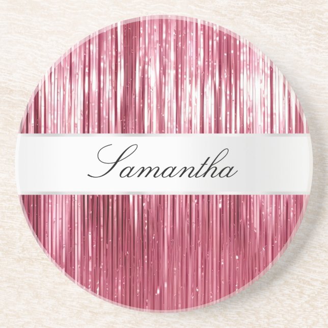 Pretty Pink Glam Tinsel Stripes Coaster (Front)