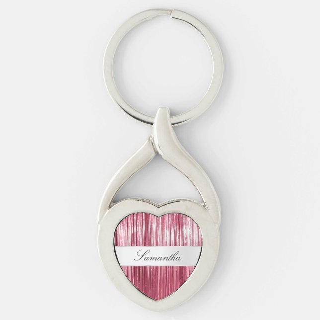 Pretty Pink Glam Tinsel Stripes Key Ring (Front)