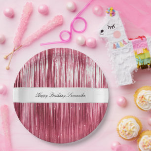 Pretty Pink Glam Tinsel Stripes Paper Plate