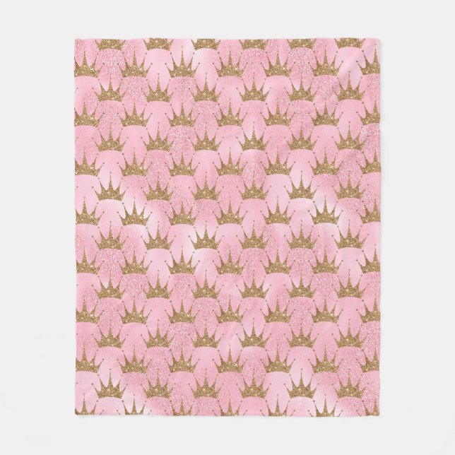 Pretty Pink Glitter and Gold Princess Crown Fleece Blanket (Front)