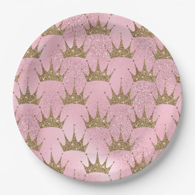 Pretty Pink Glitter and Gold Princess Crown Paper Plate (Front)