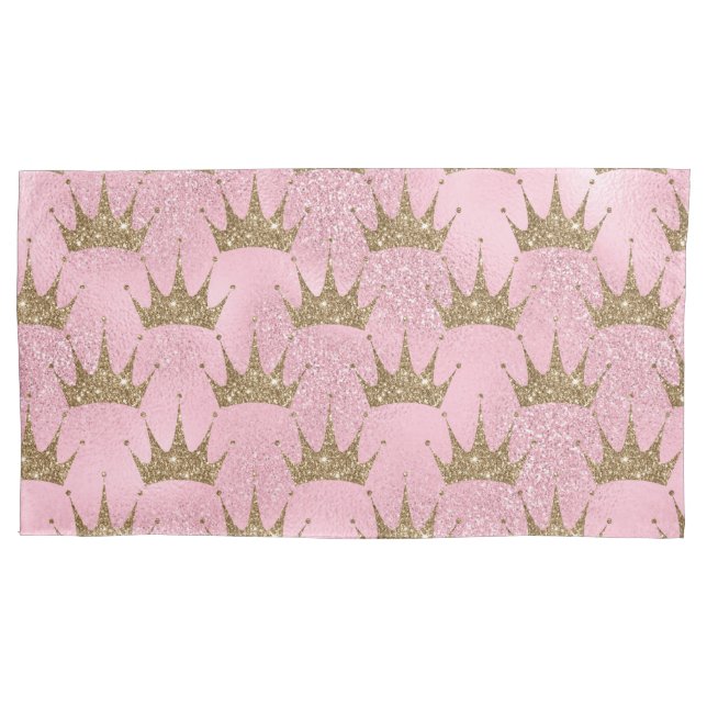 Pretty Pink Glitter and Gold Princess Crown Pillowcase (Front)
