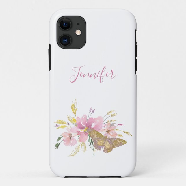 Pretty Pink Glitter Butterfly Floral Personalised  Case-Mate iPhone Case (Back)