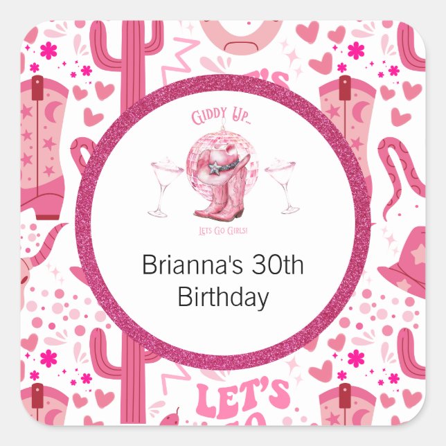 Pretty Pink & Glitter Cowgirl Birthday  Square Sticker (Front)