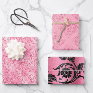 Pretty Pink Glitter Damask Glam Gift Wrapping Paper Sheet