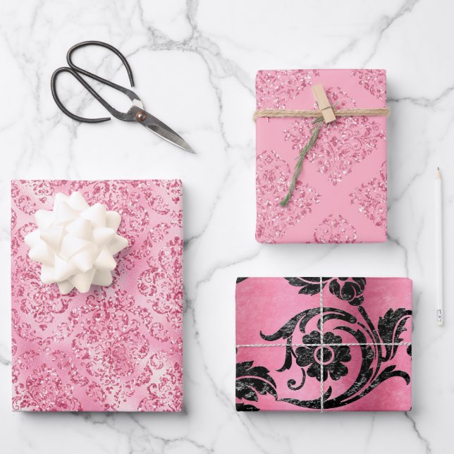 Pretty Pink Glitter Damask Glam Gift Wrapping Paper Sheet (Front)