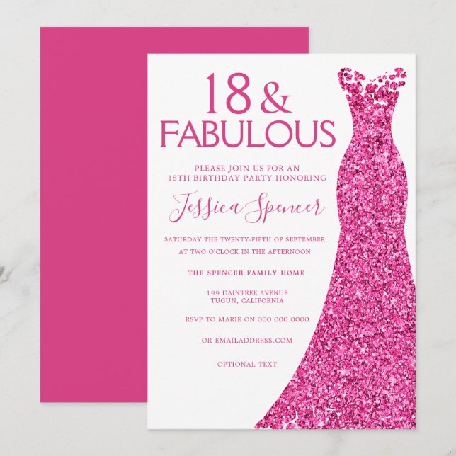 Pretty Pink Glitter Dress 18th Birthday Party Invitation (Front/Back)