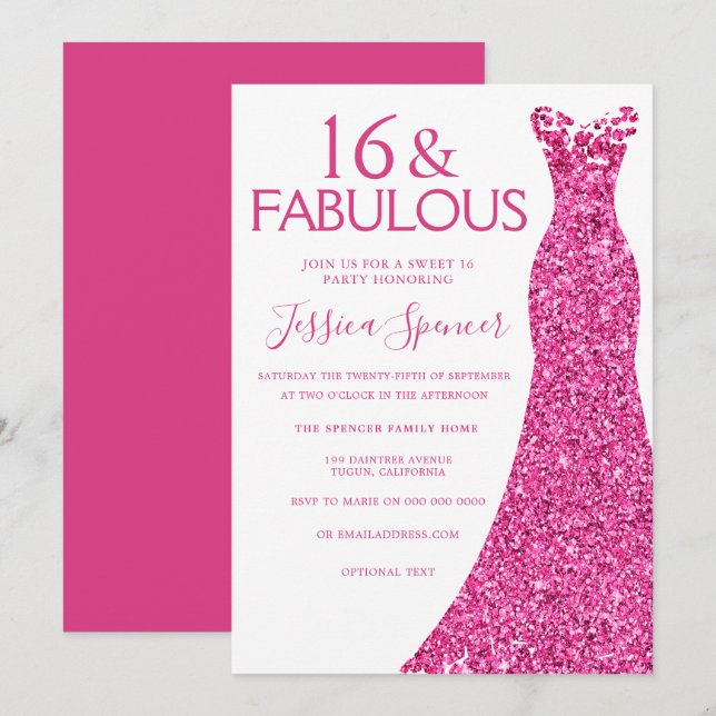 Pretty Pink Glitter Dress Sweet 16 Party Invitation (Front/Back)