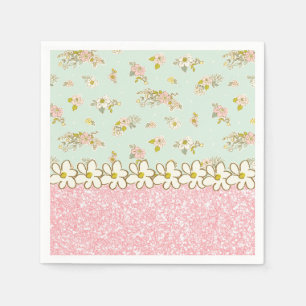 Pretty Pink Glitter Floral Green Vintage Daisy Napkin