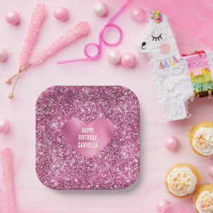 Pretty Pink Glitter Glam Heart Birthday Paper Plate